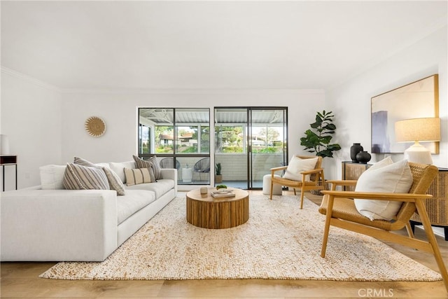 living area with ornamental molding and wood finished floors