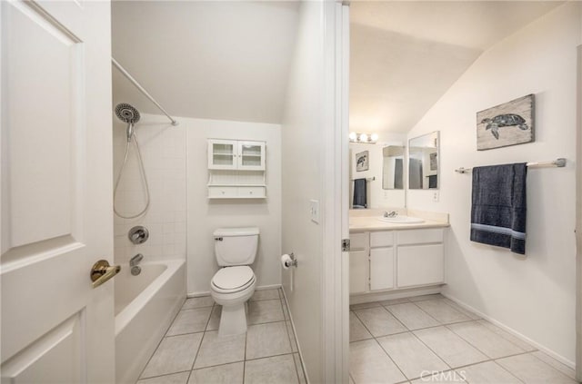 full bathroom with toilet, tiled shower / bath combo, tile patterned flooring, vaulted ceiling, and vanity