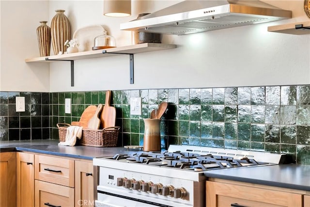 kitchen with range with gas stovetop, range hood, light brown cabinets, open shelves, and backsplash