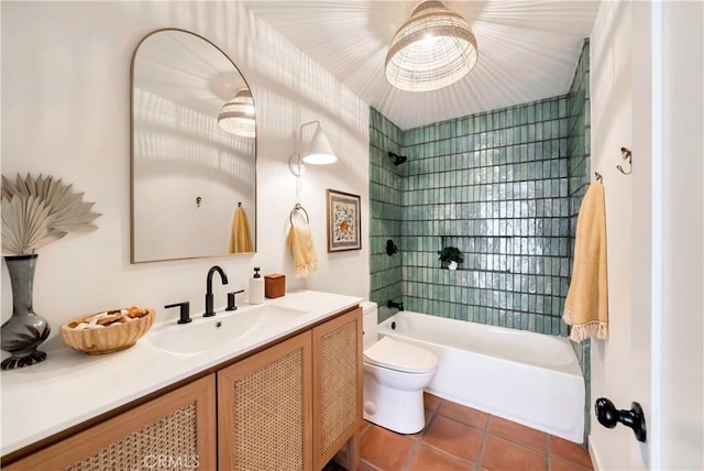 bathroom featuring shower / bath combination, tile patterned flooring, vanity, and toilet