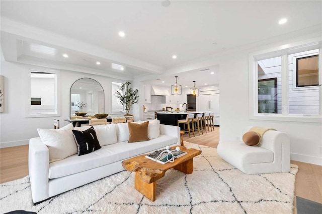 living room featuring sink, crown molding, and light hardwood / wood-style flooring