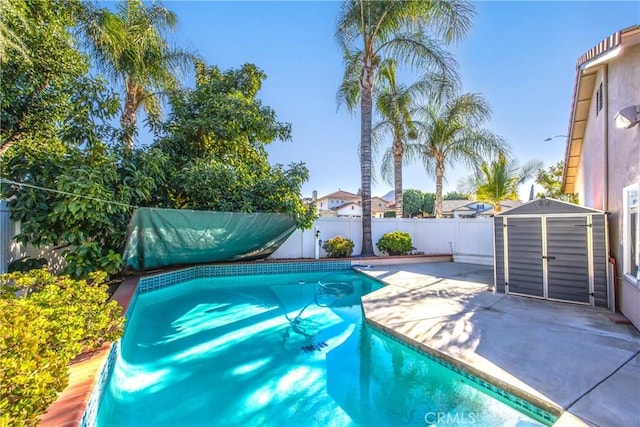 view of swimming pool featuring a storage unit and a patio