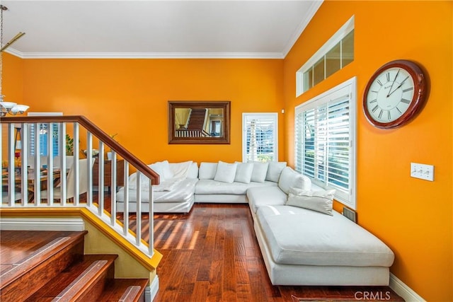 living room with dark wood-type flooring, crown molding, and a notable chandelier