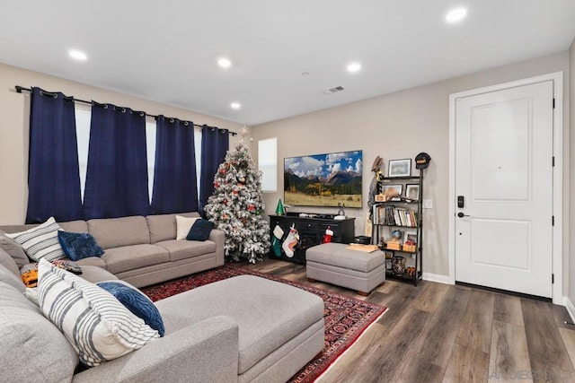 living room featuring dark wood-type flooring