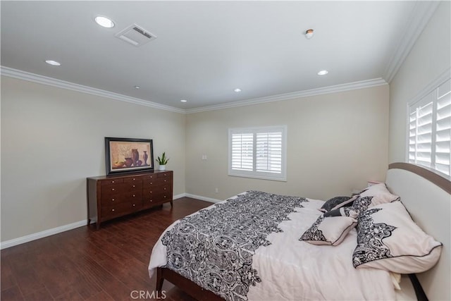 bedroom featuring crown molding and dark hardwood / wood-style floors