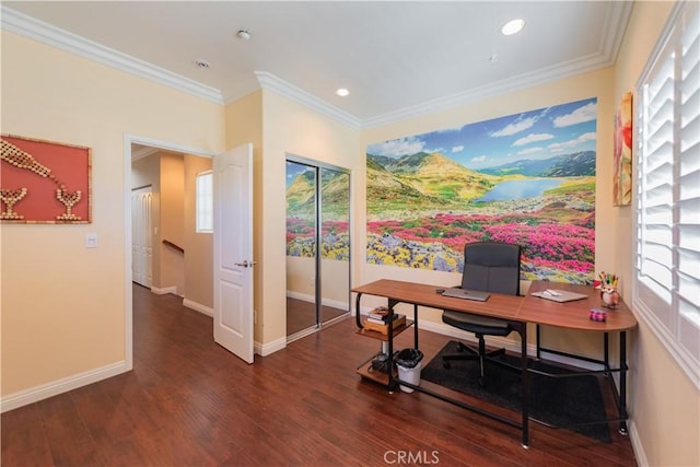 office featuring dark hardwood / wood-style flooring and ornamental molding