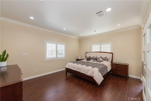 bedroom with multiple windows, crown molding, and dark hardwood / wood-style floors