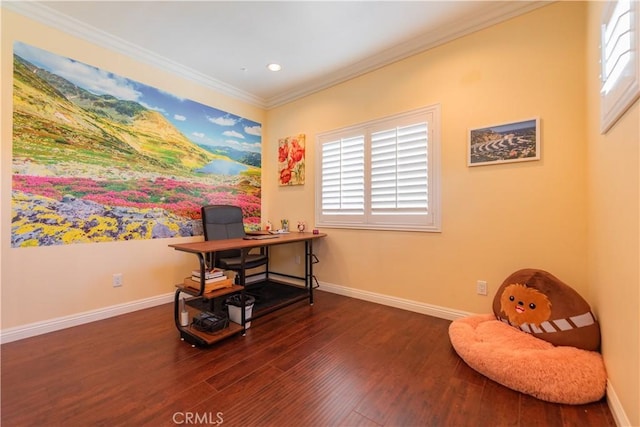 office area with plenty of natural light, dark hardwood / wood-style flooring, and ornamental molding