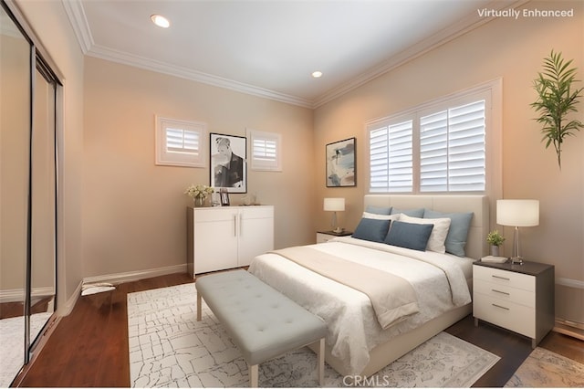 bedroom with multiple windows, crown molding, and dark wood-type flooring