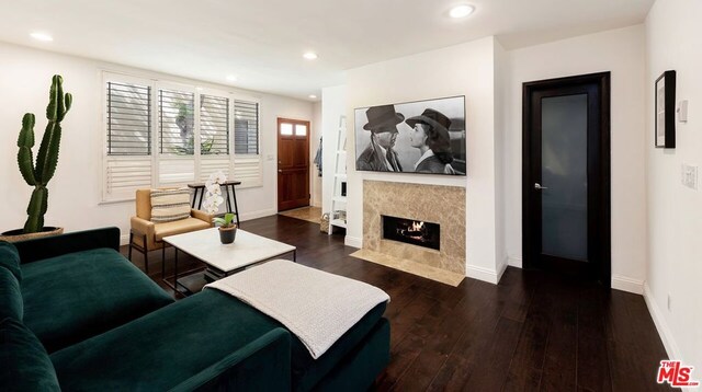 living room with dark hardwood / wood-style flooring