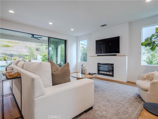 living room with hardwood / wood-style floors and ceiling fan