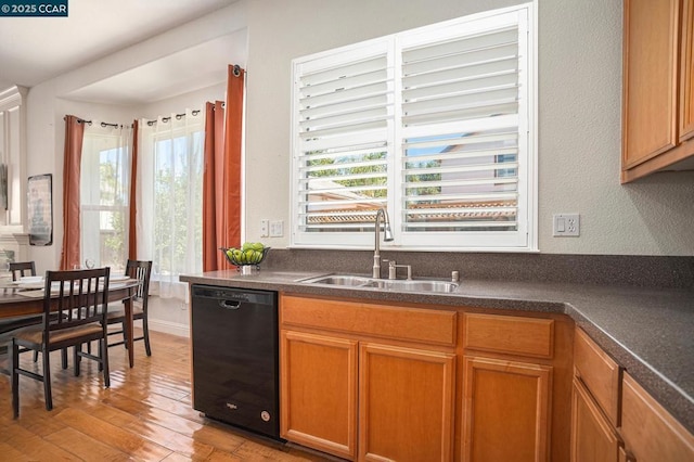 kitchen with dishwasher, sink, and light hardwood / wood-style flooring