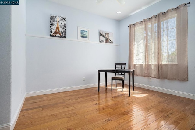 office area featuring ceiling fan and light hardwood / wood-style flooring