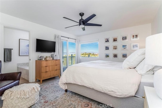 bedroom featuring access to exterior and ceiling fan