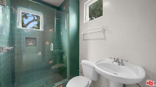 bathroom featuring walk in shower, sink, and toilet