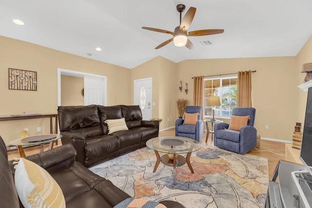 living room with vaulted ceiling and ceiling fan