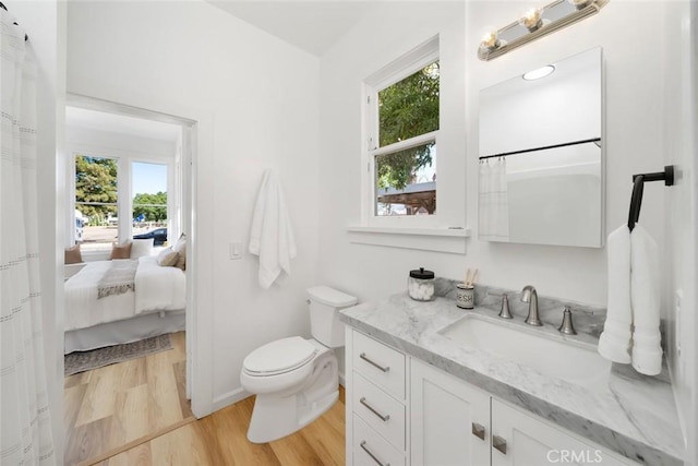 bathroom featuring toilet, vanity, plenty of natural light, and hardwood / wood-style flooring