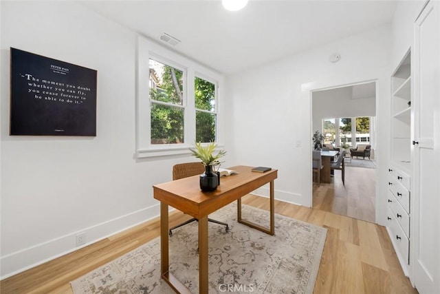 office with plenty of natural light and light hardwood / wood-style flooring