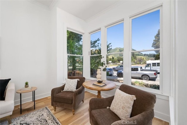 sitting room with ornamental molding and light hardwood / wood-style floors