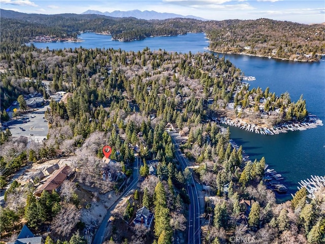 aerial view featuring a water and mountain view