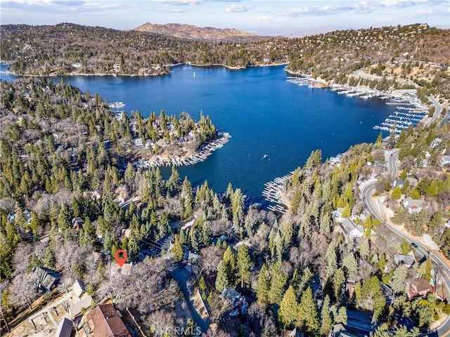 drone / aerial view featuring a water view