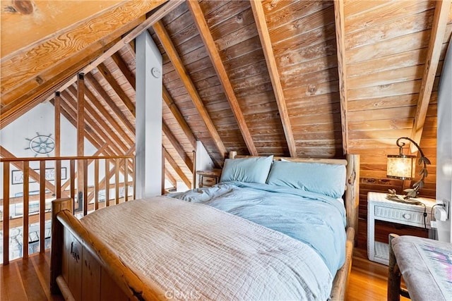 bedroom with hardwood / wood-style flooring, vaulted ceiling with beams, wood ceiling, and wooden walls