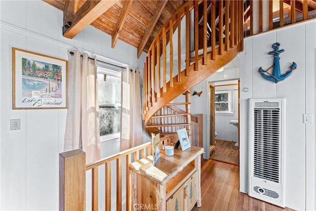347 Emerald Dr, Lake Arrowhead, CA 92352 - stairs with a heating unit, plenty of natural light, wood-type flooring, and wooden ceiling