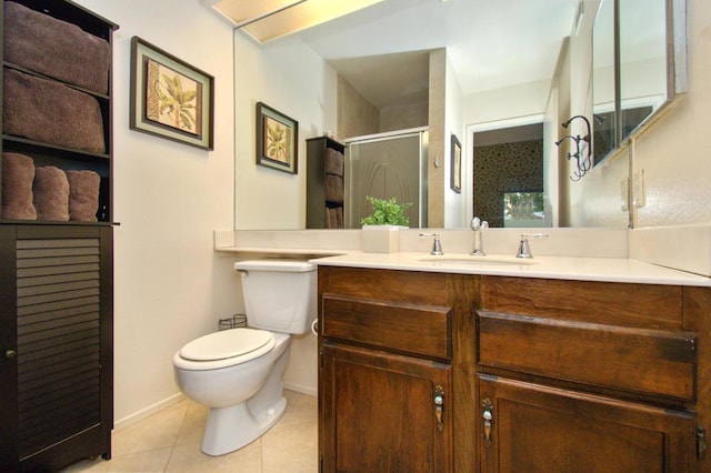 bathroom with tile patterned floors, an enclosed shower, vanity, and toilet