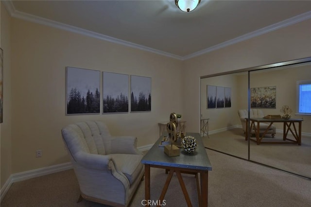 living room featuring carpet and crown molding