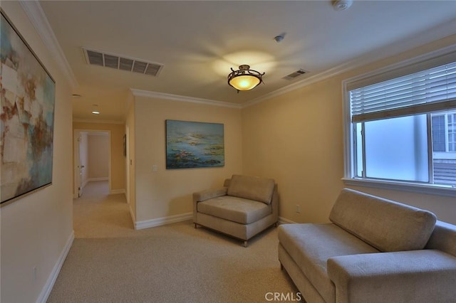 living area with light carpet and crown molding