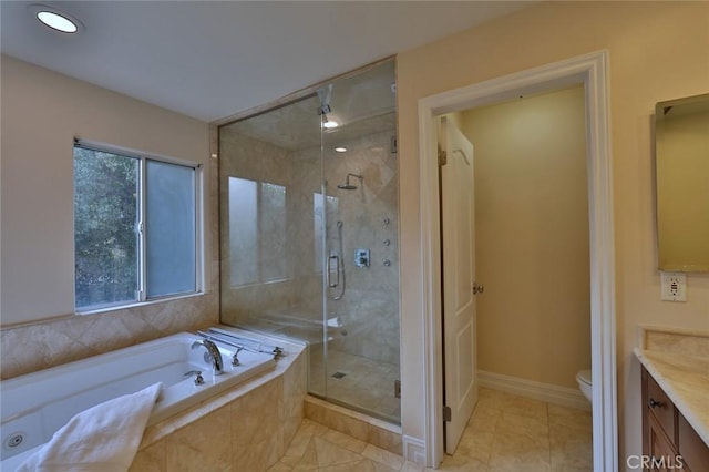 full bathroom featuring toilet, vanity, tile patterned flooring, and plus walk in shower