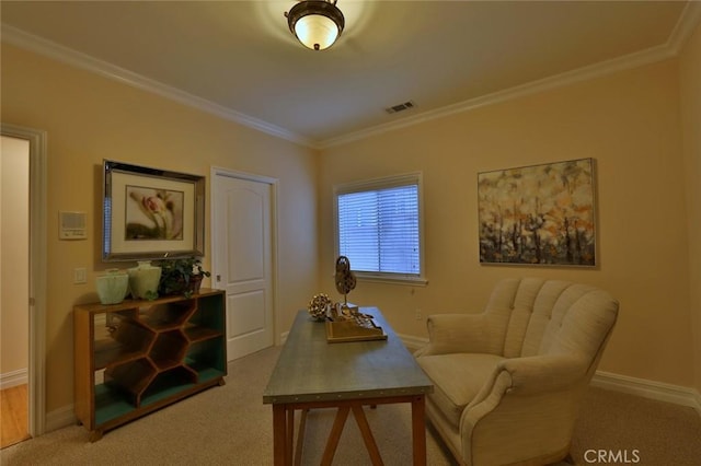 sitting room featuring light carpet and ornamental molding