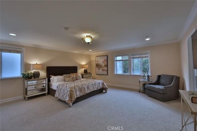 bedroom with light colored carpet and ornamental molding