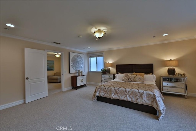 bedroom featuring light carpet and crown molding