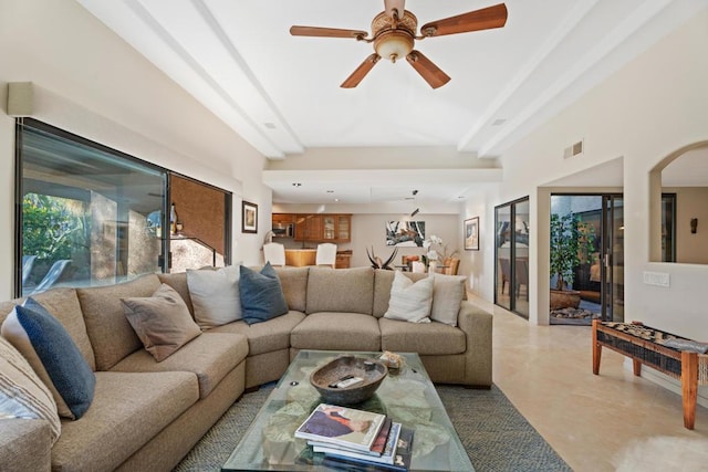 living room with ceiling fan