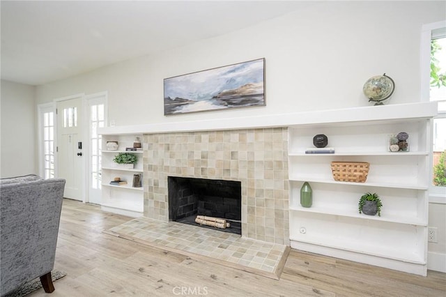 living room featuring a tiled fireplace and wood-type flooring