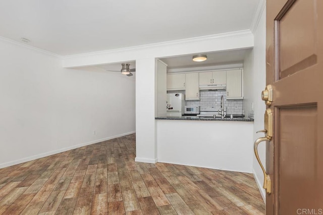 kitchen with wood-type flooring, backsplash, white cabinets, and crown molding