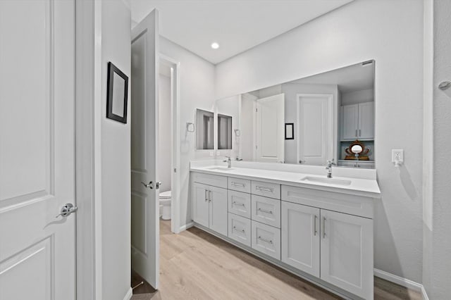 bathroom with toilet, vanity, and wood-type flooring