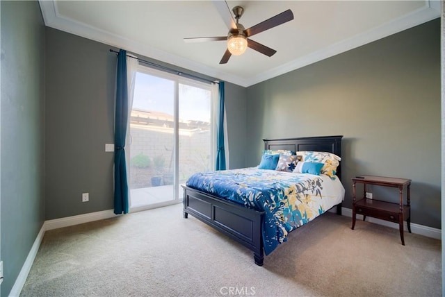 carpeted bedroom featuring ceiling fan, access to exterior, and crown molding