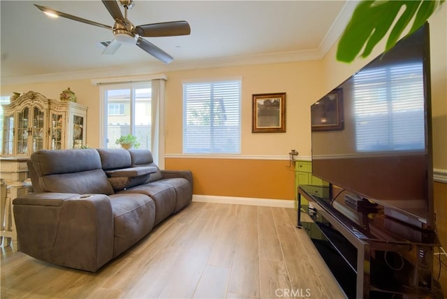 living room with ceiling fan, ornamental molding, and light hardwood / wood-style flooring