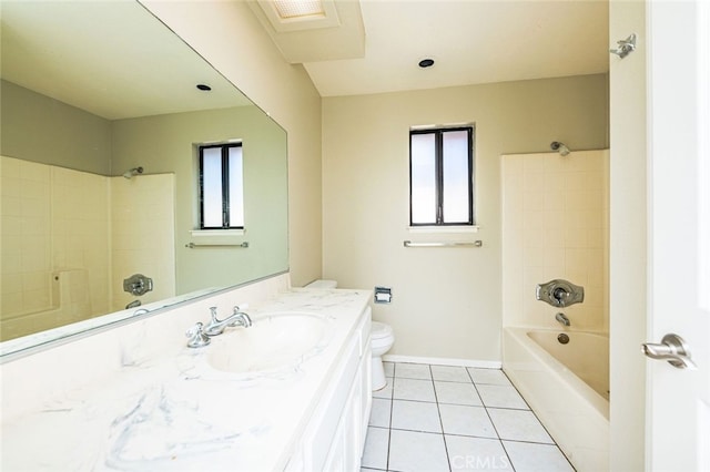 full bathroom featuring shower / tub combination, tile patterned floors, vanity, and toilet