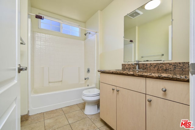 full bathroom featuring shower / tub combination, tile patterned floors, vanity, and toilet