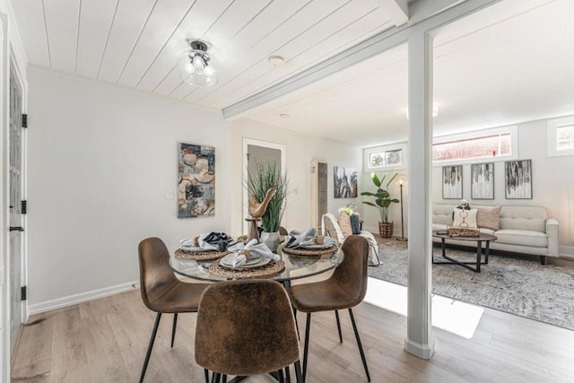 dining space with wooden ceiling and light wood-type flooring