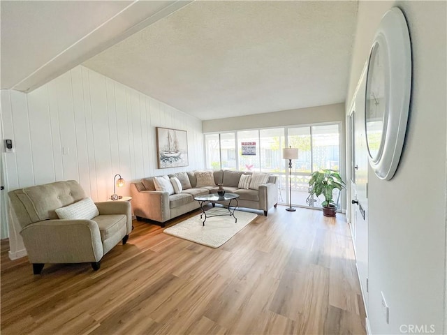 living room with light wood-style floors and a textured ceiling