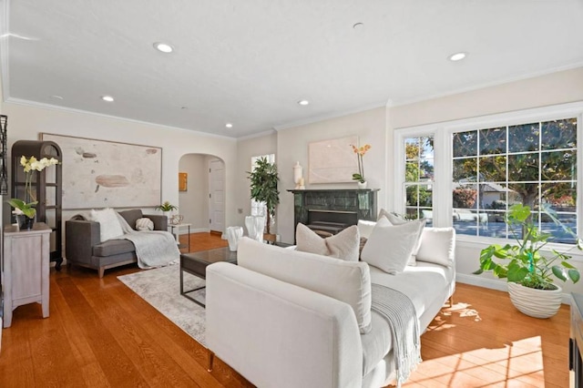 living room featuring crown molding, a fireplace, and hardwood / wood-style floors