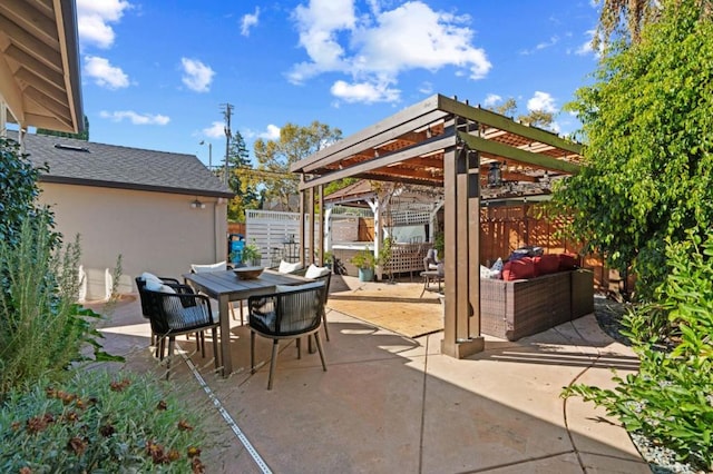 view of patio featuring an outdoor hangout area and a pergola