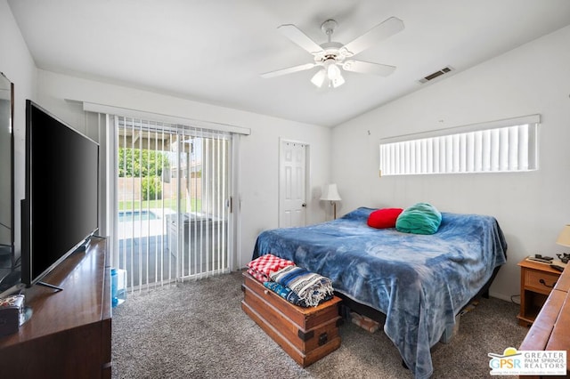 carpeted bedroom with access to outside, ceiling fan, and vaulted ceiling