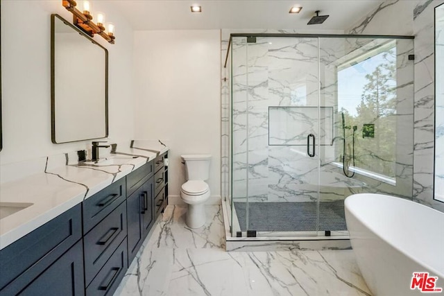 full bathroom with toilet, vanity, a notable chandelier, and plus walk in shower