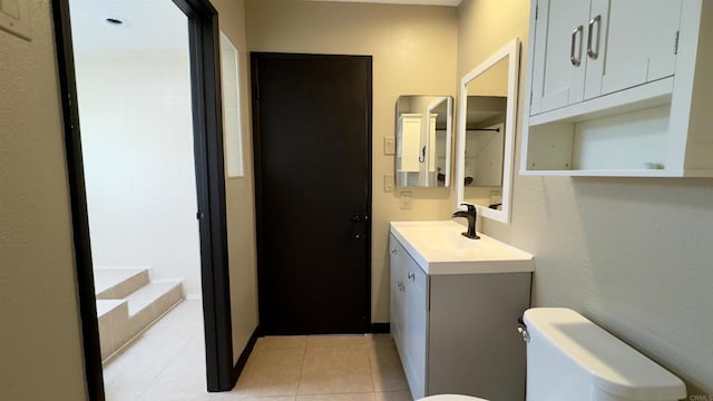 bathroom with toilet, tile patterned floors, and vanity