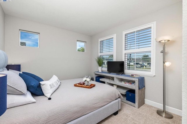 bedroom with light colored carpet and multiple windows